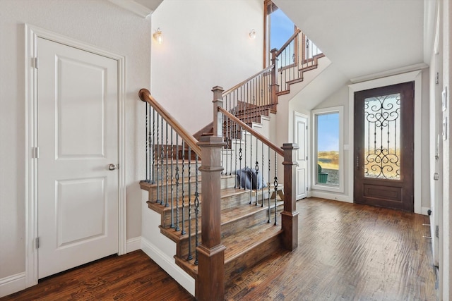 foyer entrance with dark hardwood / wood-style flooring and a towering ceiling