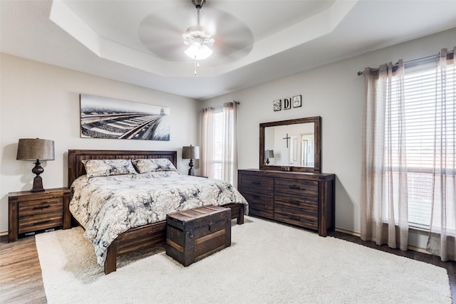 bedroom featuring light hardwood / wood-style flooring, a raised ceiling, and ceiling fan