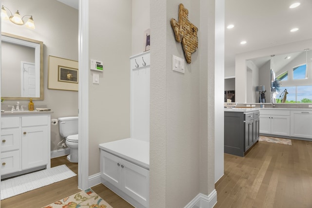 bathroom featuring hardwood / wood-style flooring, vanity, vaulted ceiling, and toilet