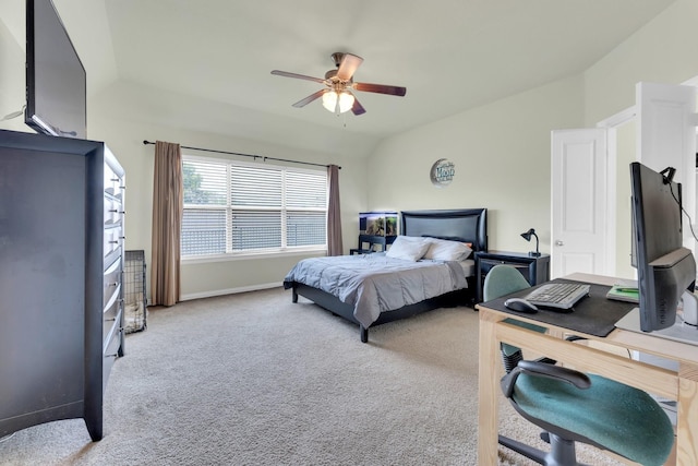 carpeted bedroom featuring lofted ceiling and ceiling fan