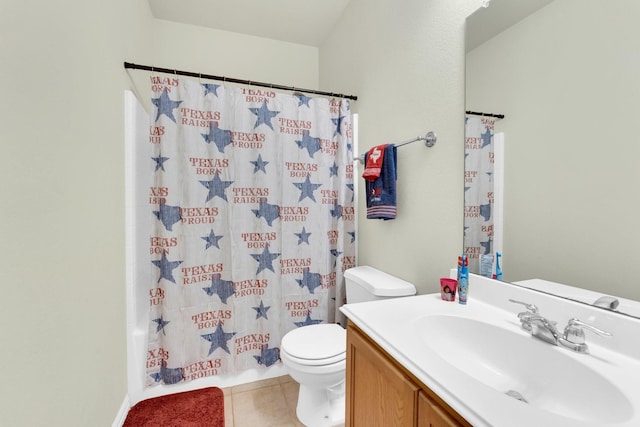 full bathroom featuring tile patterned flooring, vanity, shower / bath combo, and toilet