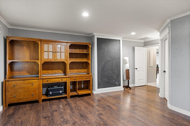 office area with ornamental molding and dark wood-type flooring