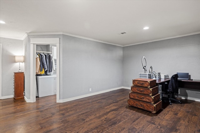 bedroom with crown molding, dark wood-type flooring, and a closet