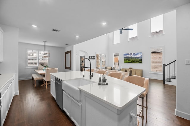 kitchen featuring dark wood finished floors, visible vents, a sink, and stainless steel dishwasher