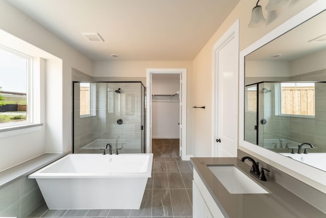 bathroom with vanity and separate shower and tub