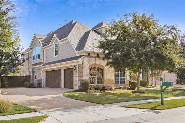 view of front of home featuring driveway, an attached garage, a shingled roof, a front lawn, and brick siding