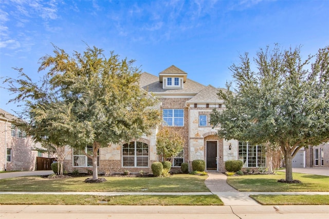 view of front of home featuring stone siding, brick siding, and a front yard