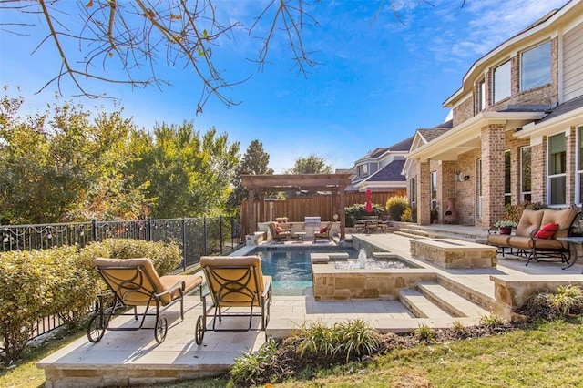 view of pool with a fenced in pool, an outdoor living space with a fire pit, a patio area, and a fenced backyard