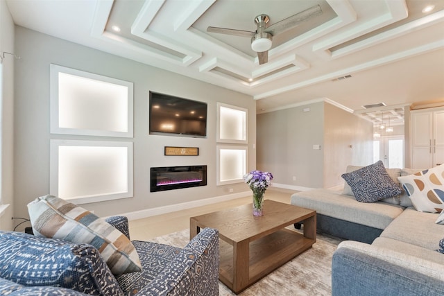 living room with ornamental molding, coffered ceiling, light tile patterned flooring, and ceiling fan