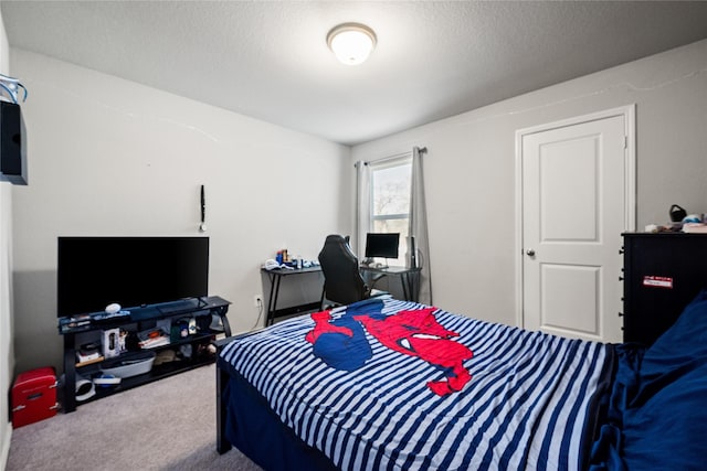 bedroom with a textured ceiling and carpet flooring