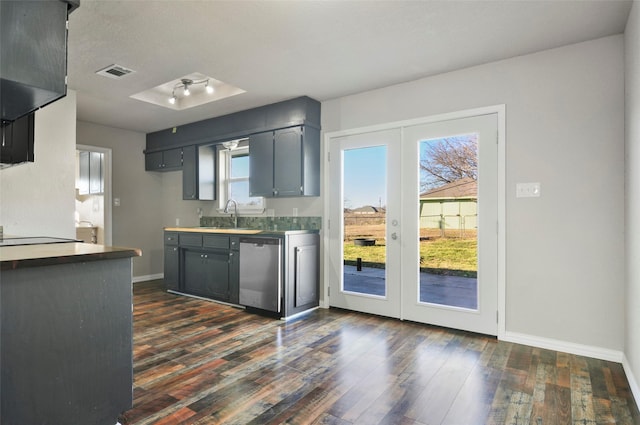 kitchen featuring sink, dark hardwood / wood-style floors, stainless steel dishwasher, and french doors