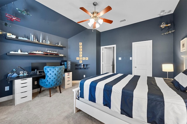 carpeted bedroom with a ceiling fan, lofted ceiling, visible vents, and baseboards