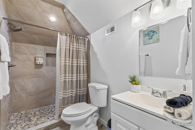 bathroom featuring vanity, curtained shower, and toilet