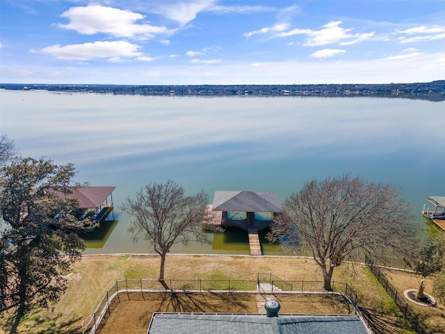 drone / aerial view with a water view