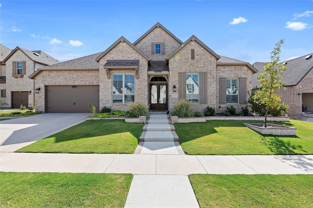 view of front of home with a garage, a front yard, and french doors