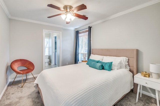 carpeted bedroom featuring ornamental molding, connected bathroom, and ceiling fan