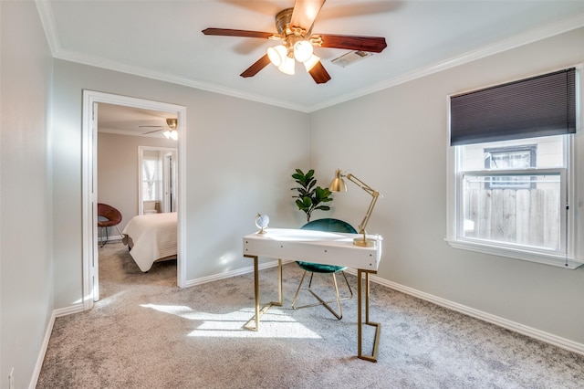 office with ceiling fan, light colored carpet, and ornamental molding