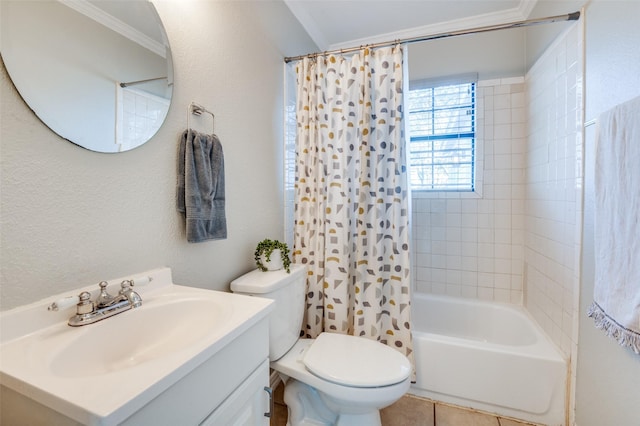 full bathroom with shower / bathtub combination with curtain, crown molding, vanity, tile patterned floors, and toilet