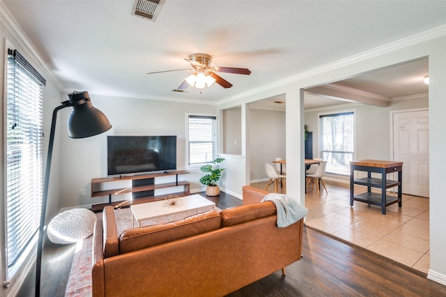 living room featuring crown molding, a wealth of natural light, and hardwood / wood-style flooring