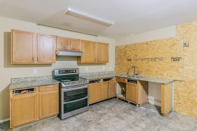 kitchen with light stone counters, sink, and range with two ovens