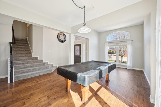 rec room with billiards and hardwood / wood-style floors