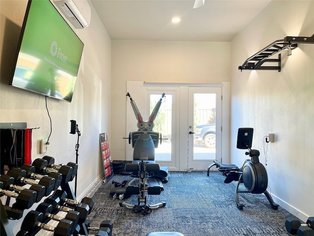 workout room featuring french doors, a wall mounted AC, and carpet flooring