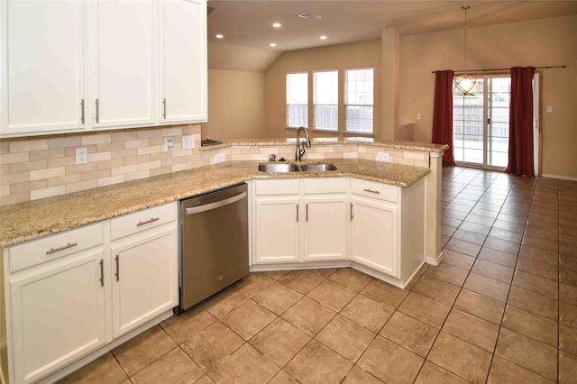 kitchen with sink, white cabinetry, dishwasher, kitchen peninsula, and light stone countertops