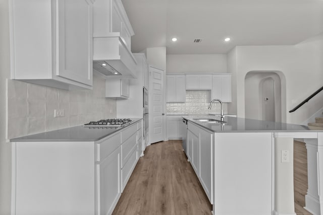 kitchen with white cabinetry, sink, and a center island with sink