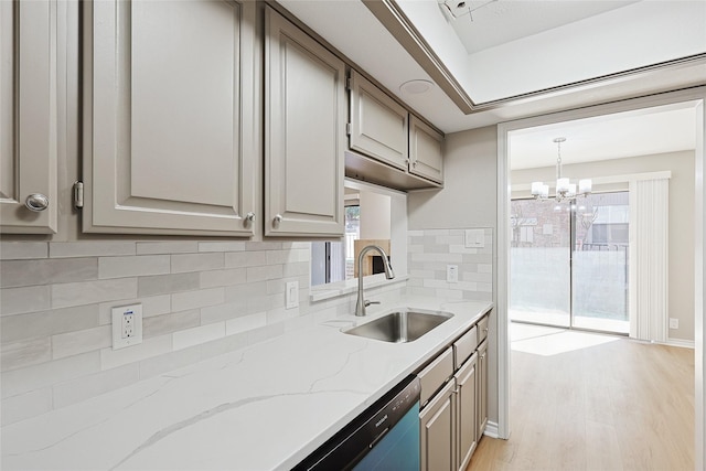 kitchen with a healthy amount of sunlight, sink, backsplash, and light wood-type flooring