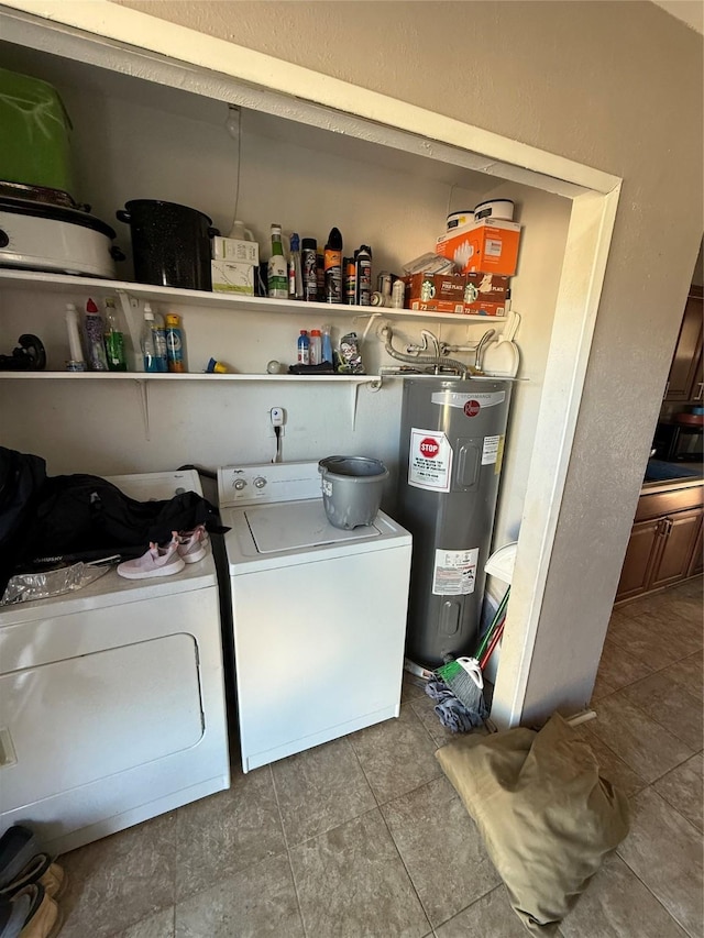 laundry area with electric water heater and washing machine and dryer