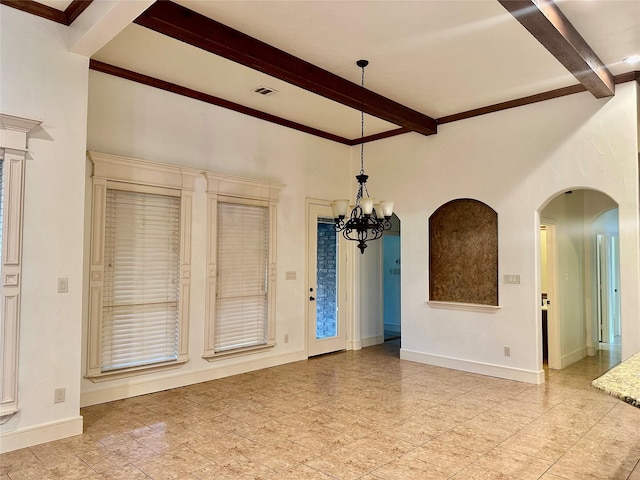 unfurnished dining area featuring beamed ceiling and a notable chandelier