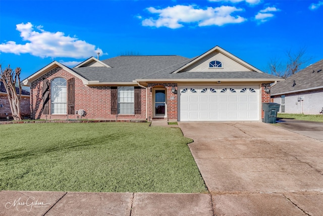 single story home featuring a garage and a front yard