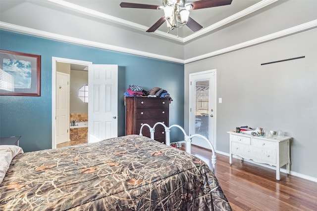 bedroom featuring wood-type flooring, crown molding, and ceiling fan