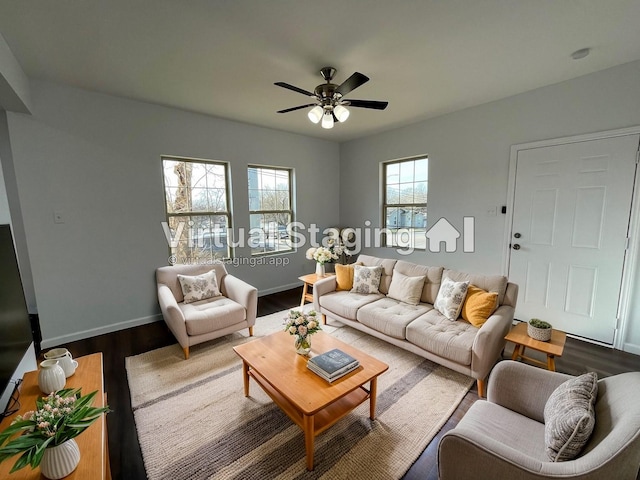 living room with hardwood / wood-style flooring and ceiling fan