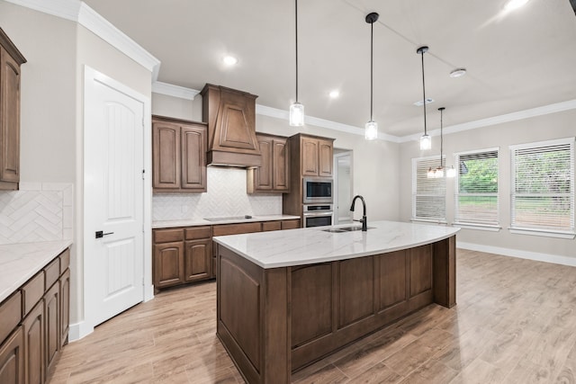 2021 Crystal Palace Blvd, Alvarado, TX 76009 - kitchen featuring a sink, stainless steel appliances, tasteful backsplash, custom exhaust hood, and crown molding