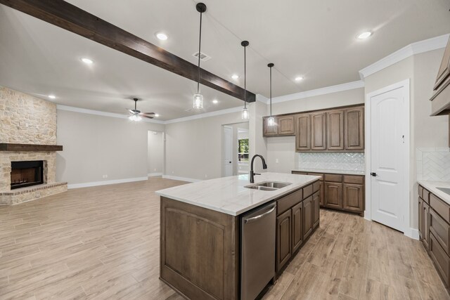 2021 Crystal Palace Blvd, Alvarado, TX 76009 - kitchen with light wood finished floors, a sink, a stone fireplace, backsplash, and ceiling fan