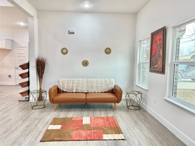 sitting room with a wealth of natural light and light hardwood / wood-style floors