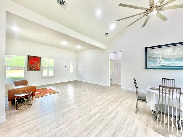 1511 W 13th Ave, Corsicana, TX 75110 - living area with light wood-style floors, a ceiling fan, recessed lighting, and a towering ceiling