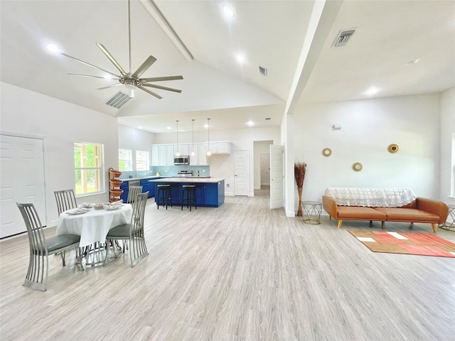 1511 W 13th Ave, Corsicana, TX 75110 - dining area with beamed ceiling, light wood finished floors, ceiling fan, and high vaulted ceiling