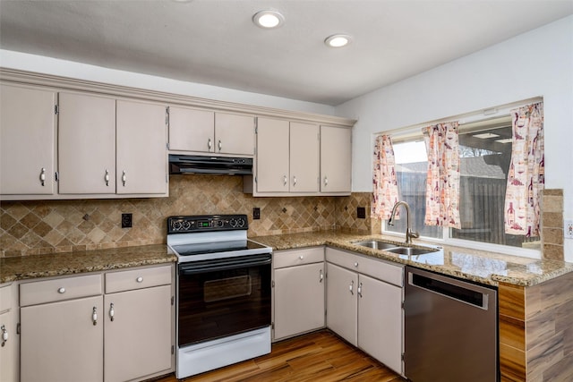 kitchen with sink, white cabinetry, electric range oven, tasteful backsplash, and stainless steel dishwasher