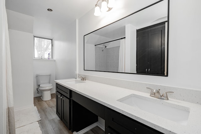 bathroom with vanity, wood-type flooring, toilet, and walk in shower