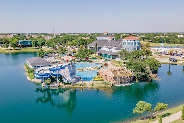 birds eye view of property featuring a water view