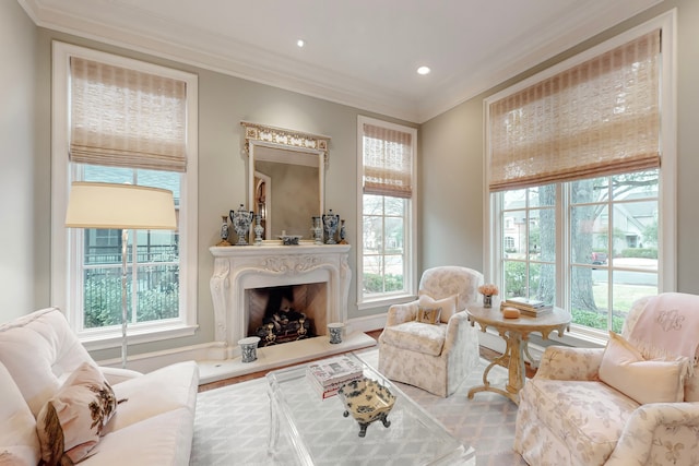 living room featuring ornamental molding and a fireplace