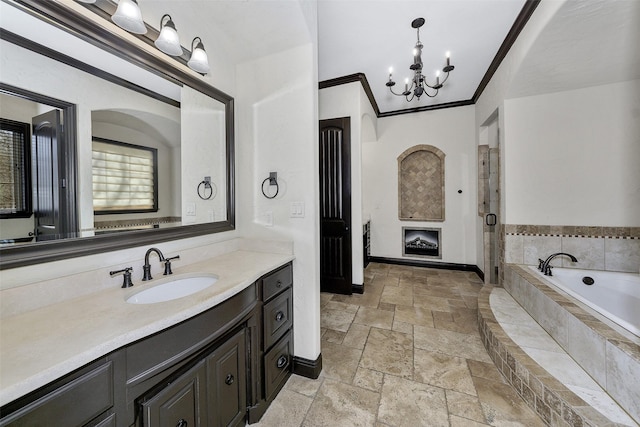 bathroom featuring vanity, crown molding, independent shower and bath, and an inviting chandelier