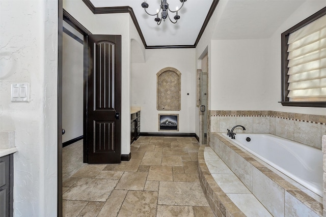 bathroom featuring vanity, ornamental molding, and plus walk in shower