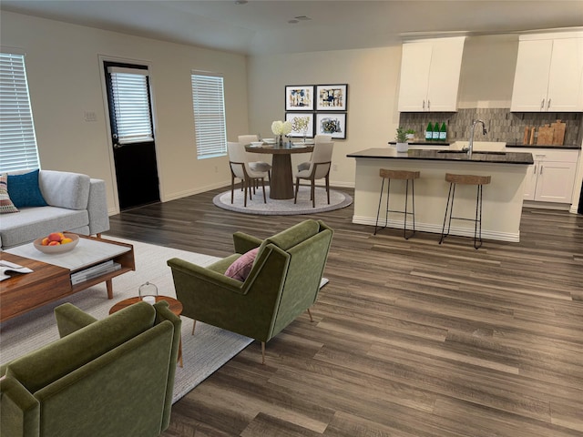 living room with dark wood-type flooring and sink