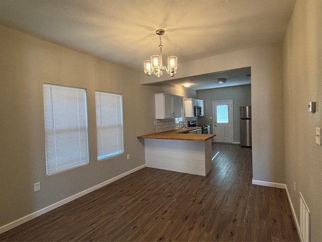 kitchen with butcher block counters, white cabinetry, kitchen peninsula, pendant lighting, and stainless steel appliances