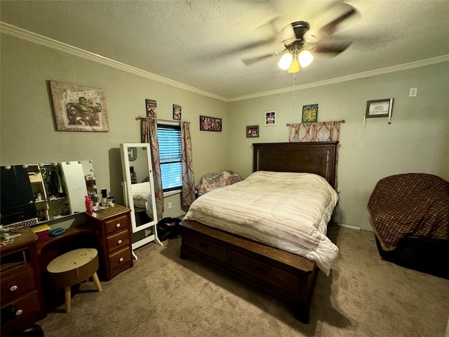 bedroom featuring crown molding, ceiling fan, light carpet, and a textured ceiling