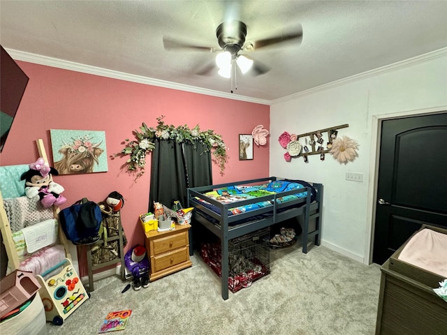 carpeted bedroom featuring crown molding and ceiling fan