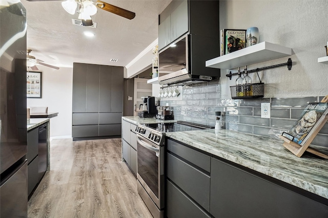 kitchen featuring electric range, modern cabinets, open shelves, and decorative backsplash